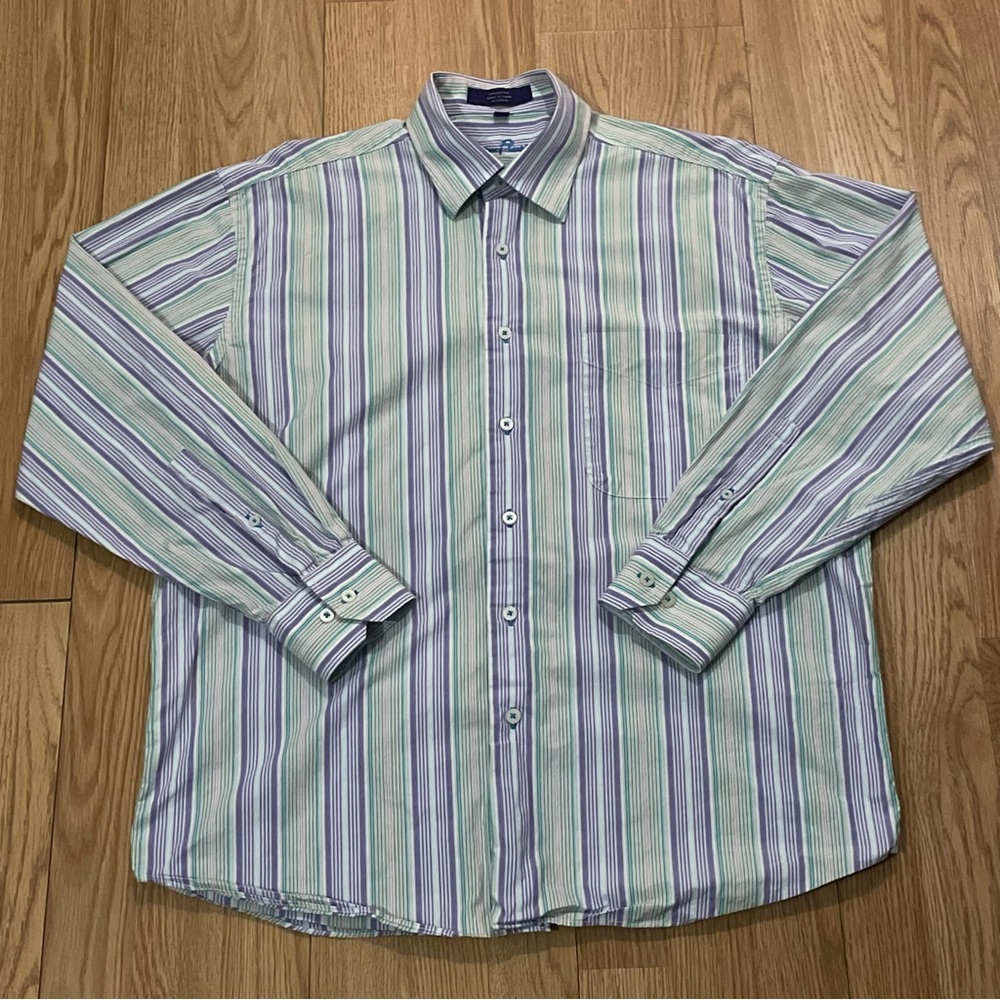 Alan Flusser Men’s Medium Long Sleeve Button Up Shirt Purple Striped Preppy